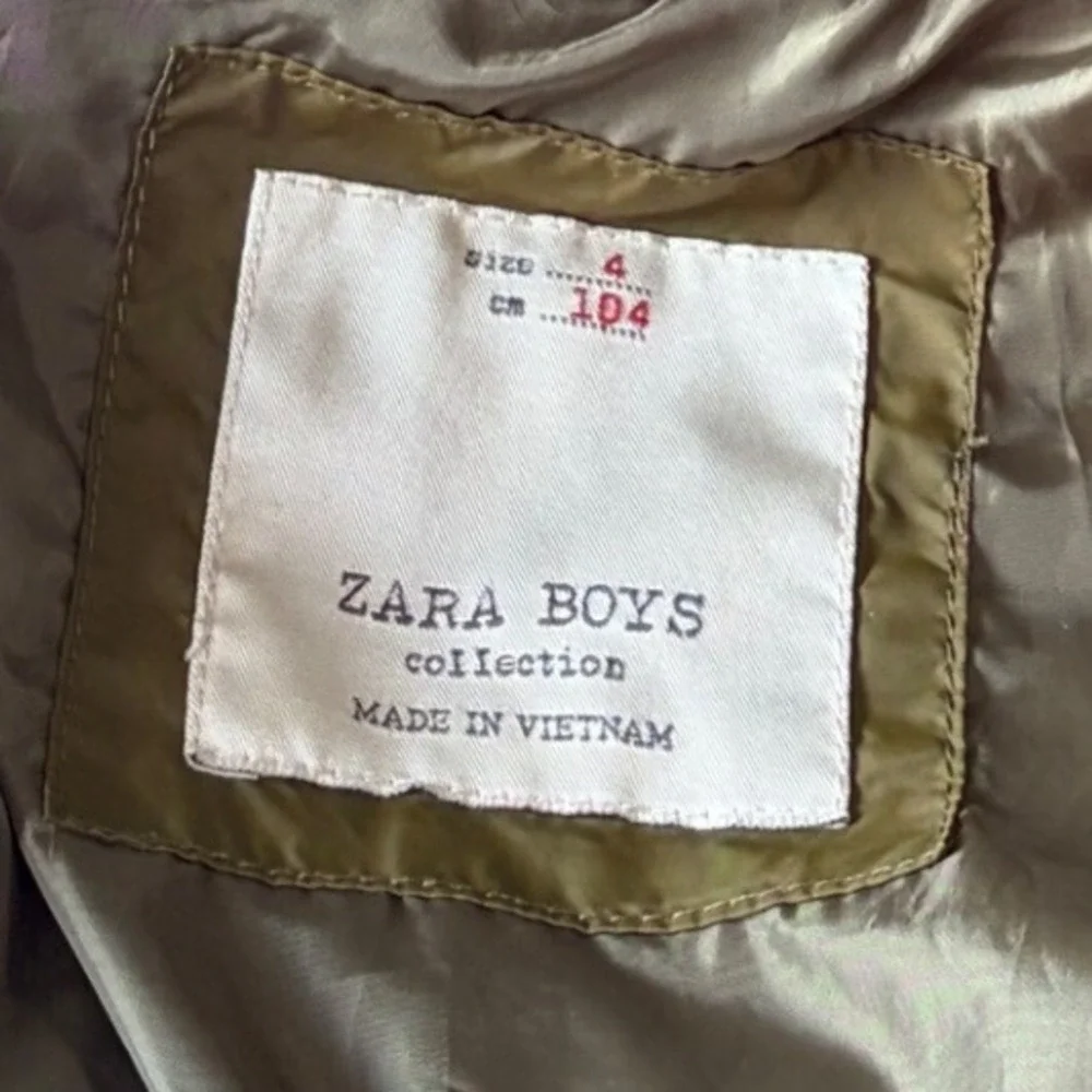 Zara Boys Olive Green Puffer Jacket Faux Fur Hood Quilted Winter Coat Size 4 104